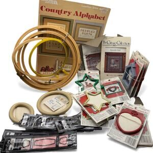 Vintage Cross Stitch Embroidery Needlepoint Mixed Lot Kits Frames Holiday Diy